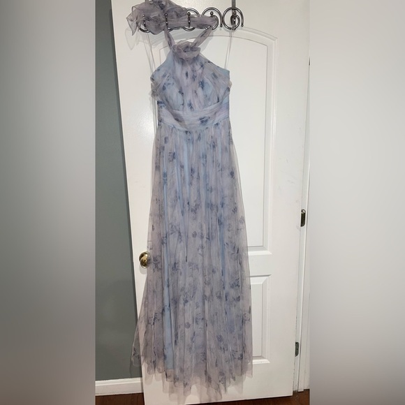 New! Dessy Collection Floral Tie-Back Halter Tulle Dress & Rosette Mist Garden🩵 - Picture 5 of 10